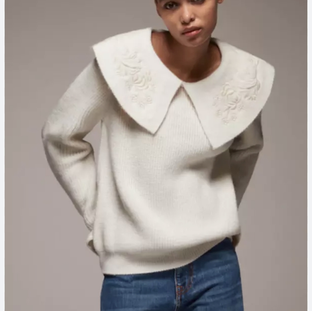 Zara Cream Sweater with Oversized Embroidered Collar